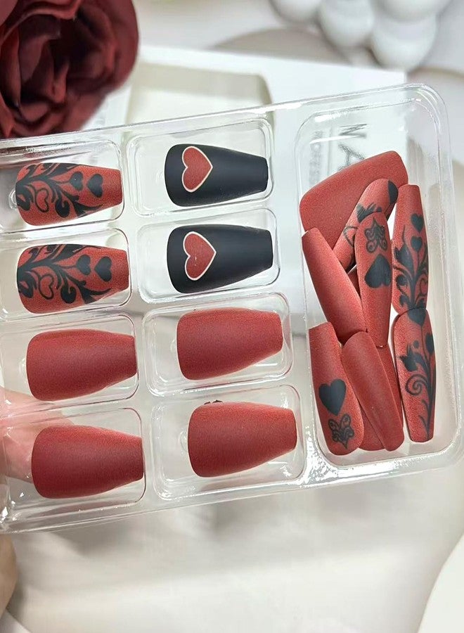 Vopintpy Black Red Flower Love Heart Press on Nails Romantic Valentines Fake Nails Matte Long Ballerina Nail Valentines Reusable Acrylic Nail for Women DIY Manicure - Image 4